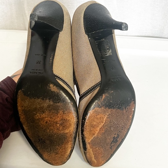 Vintage Prada Brown Buckle Canvas Leather Peep Toe Kitten Heels - Picture 11 of 12